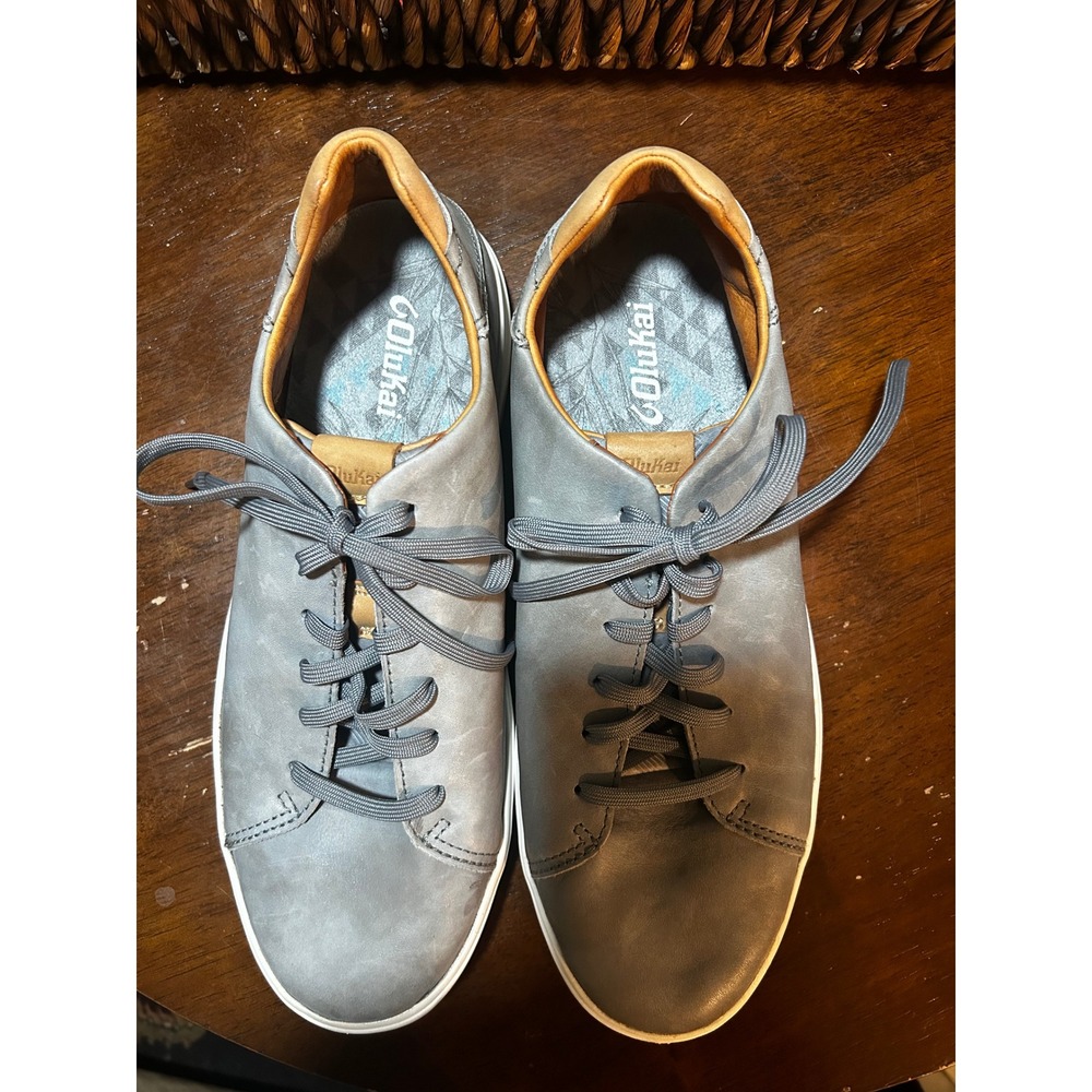 OluKai Lae'ahi Li 'Ili Men's Leather Sneakers Grey Tan Drop-In Heel Shoes 10.5